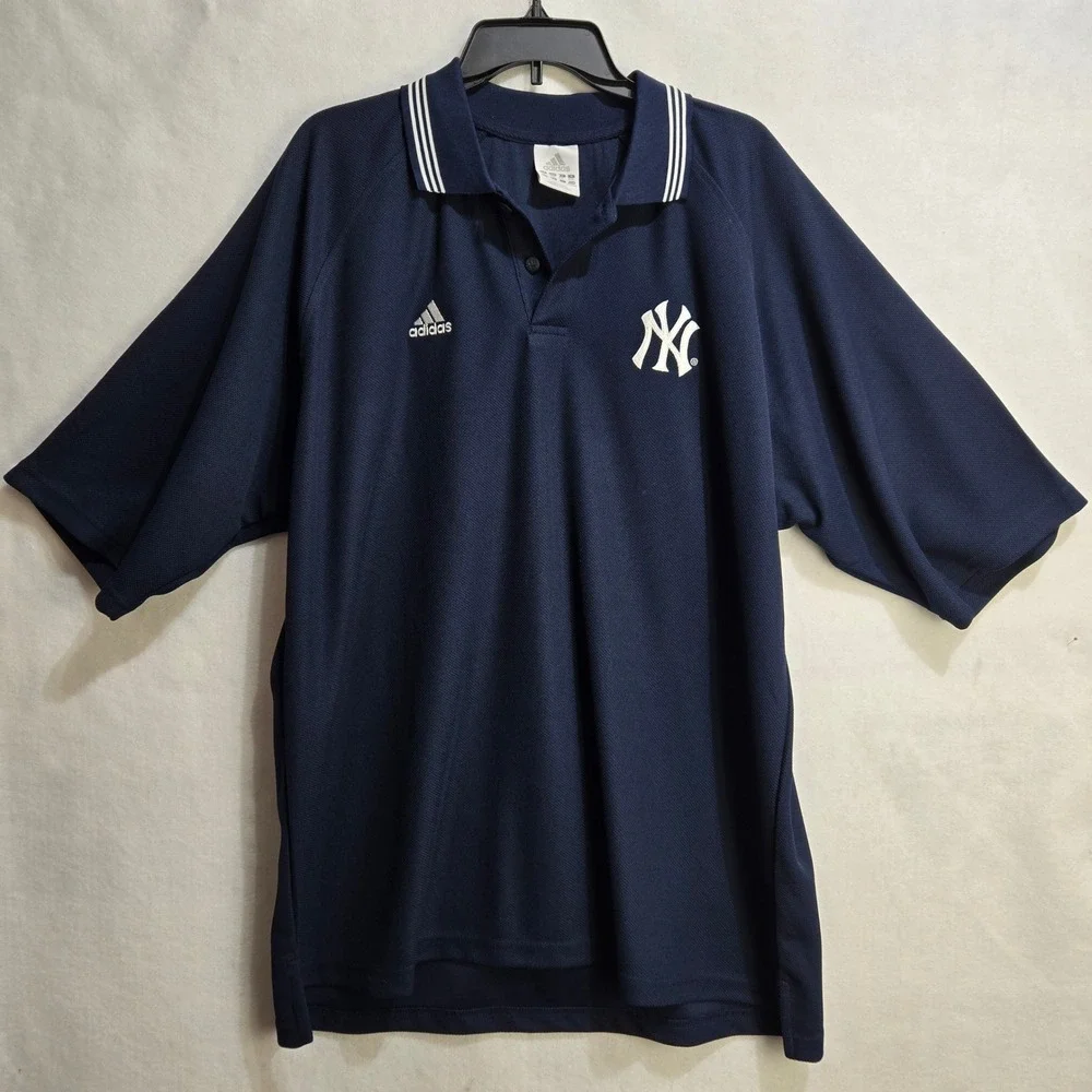 Adidas NY Yankees Polo XXL Navy Blue Embroidered Logo Striped Collar MLB #1489